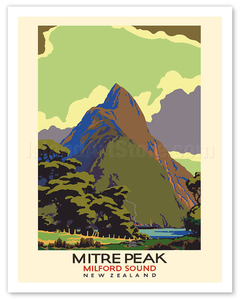 Mitre Peak (Maori Rahotu) - Milford Sound, New Zealand - c. 1930's - Vintage Travel Poster