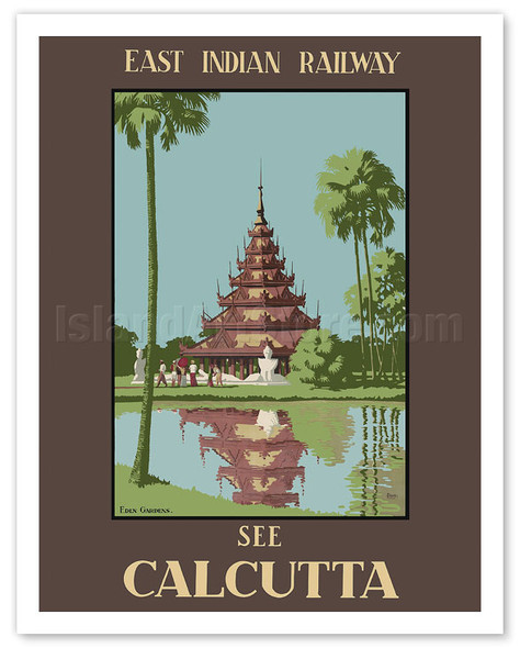 See Calcutta, India - Burmese Pagoda in Eden Gardens - East Indian Railway - c. 1930 - Poster by Desmond Doig