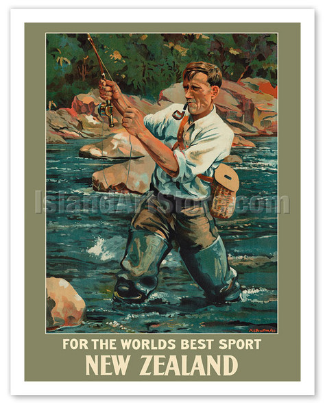 New Zealand - For the Worlds Best Sport - Trout Fly Fishing Angler - c. 1936 - Poster by Maurice Alec Poulton
