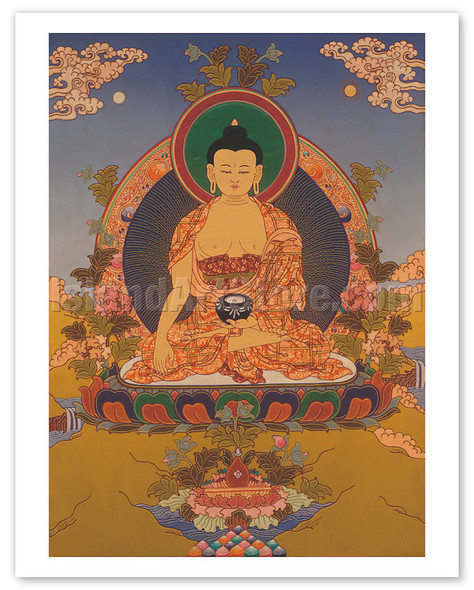 Shakyamuni Buddha in Bhumisparsha Mudra (Touching the Earth) - Vintage Tibetan Thangka Buddhist Painting