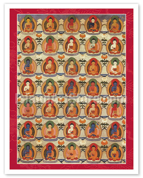 The Thirty-Five Confession Buddhas - c. 1800's - Vintage Tibetan Thangka Buddhist Painting