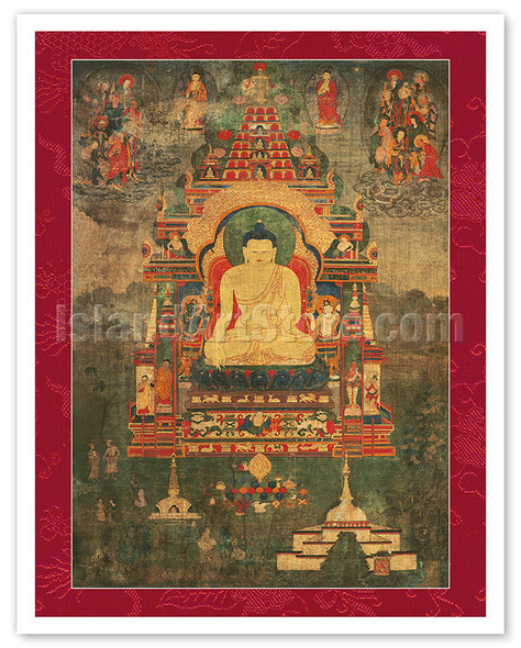 Buddha Shakyamuni in the Mahabodhi Temple - Vintage Tibetan Thangka Buddhist Painting
