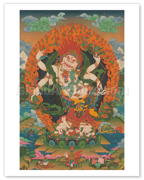 Mahakala Shadbhuja Sita (White Lord with Six Hands) - Tantric Wealth Deity - Vintage Tibetan Thangka Buddhist Painting