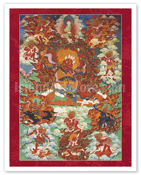 Begtse Chen (Red Mahakala) - Buddhist Tantric Protector Deity - Vintage Tibetan Thangka Buddhist Painting