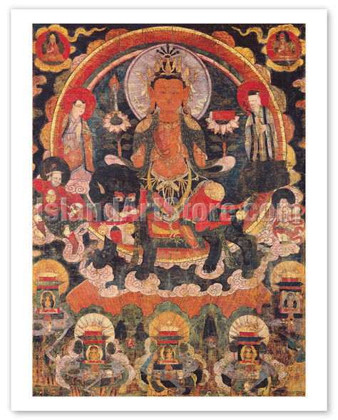 Manjursi (Manjughosa) - Lion of Debaters - Bodhisattva - Vintage Tibetan Thangka Buddhist Painting