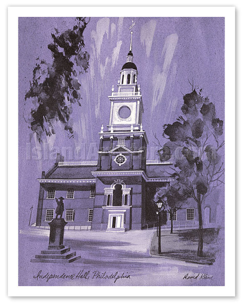 Independence Hall National Historic Park & Commodore John Barry Statue, Philadelphia - c. 1950's - Poster by David Klein