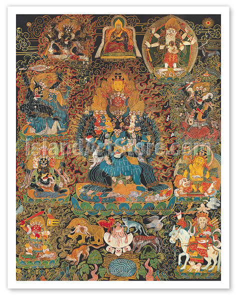 Vajrabhairava with Vajra Vetali - Buddhist Deity - c. 1800's - Vintage Tibetan Thangka Buddhist Painting
