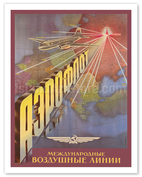 Aeroflot Russian Airlines Route Map - Аэрофлoт - c. 1952 - Vintage Airline Travel Poster