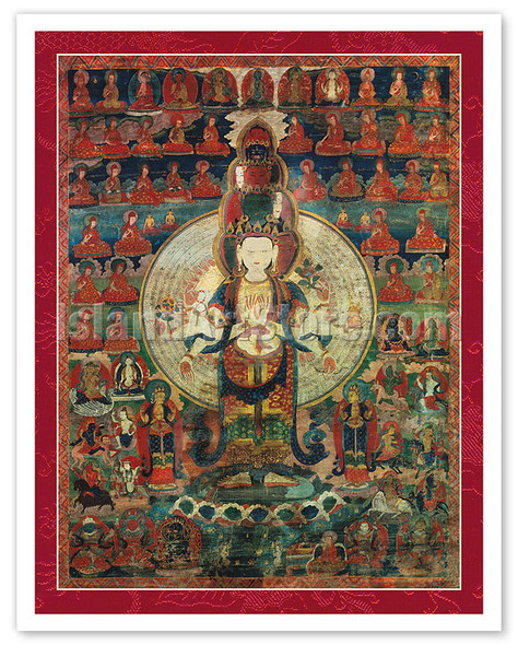 Avalokiteshvara in the Tradition of Shri Lakshmi - Tantric Buddhist Deity - Vintage Tibetan Thangka Buddhist Painting