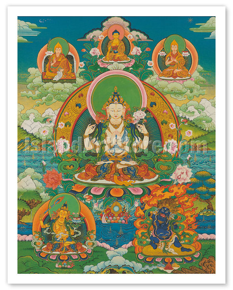 Chenrezig (Four Armed Avalokiteshvara) Deity - c. 1800's - Vintage Tibetan Thangka Buddhist Painting
