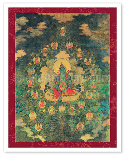 The 21 Taras - Green Tara of the Khadira Fragrant Forest - Vintage Tibetan Thangka Buddhist Painting