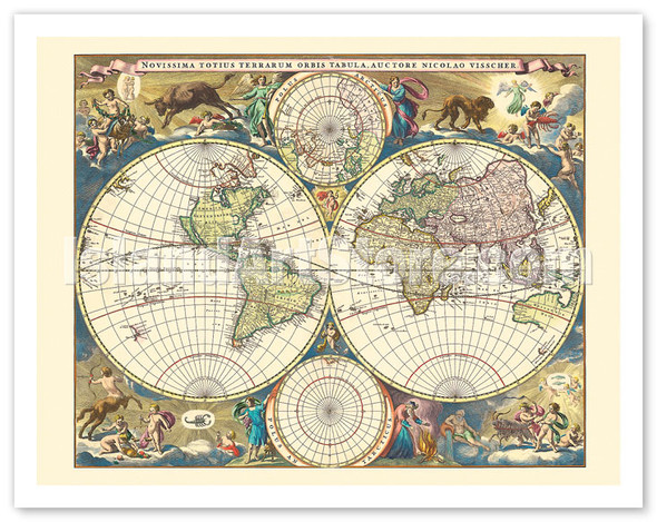 Novissima Totius Terrarum Orbis Tabula - Double Hemisphere World Map - c. 1658 - Poster by Nicolaes Visscher