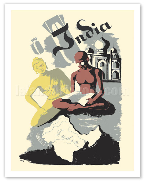 India - Buddha, Gandhi & The Taj Mahal - c. 1940's - Poster by Maurice Merlin