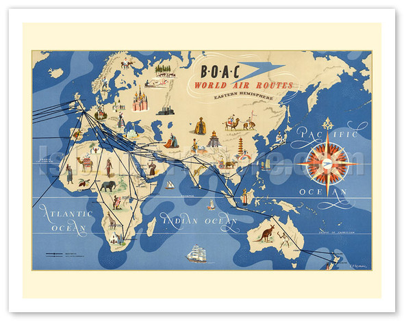 Eastern Hemisphere Air Routes - BOAC British Overseas Airways Corporation - c. 1949 - Poster by E.O. Seymour