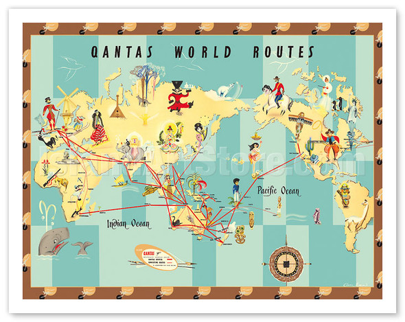 Qantas Empire Airways - World Routes Map - c. 1950 - Poster by Anne Drew