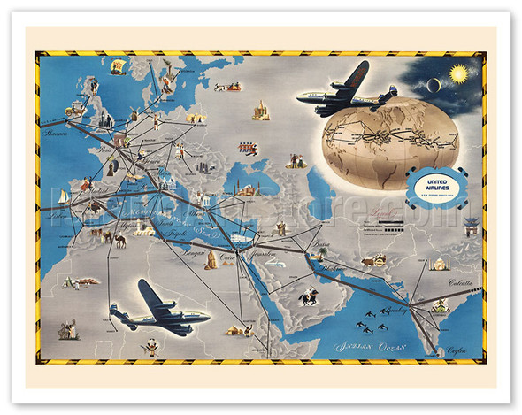 Europe, Africa, Asia Air Routes Map - c. 1948 - Vintage Airline Travel Poster