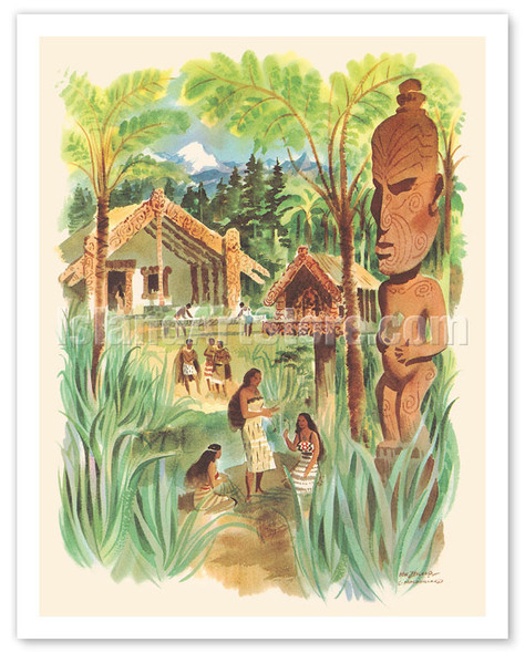 New Zealand - Māori Village and Marae - c. 1960's - Poster by Louis Macouillard