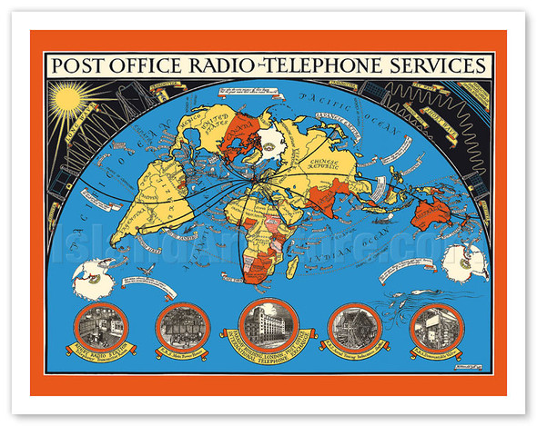 Post Office - International Radio Telephone Services - World Map - c. 1935 - Poster by MacDonald (Max) Gill