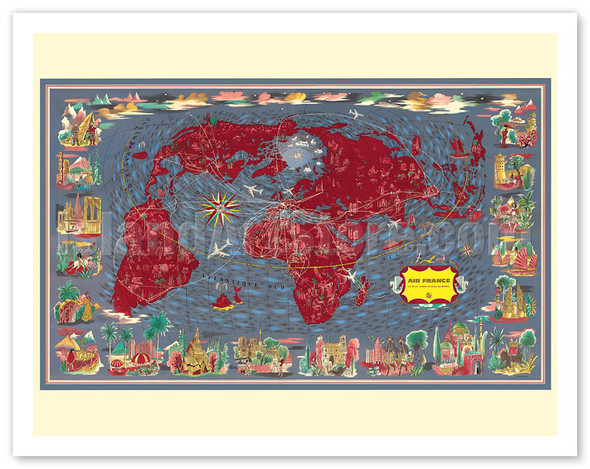Largest Network in the World (Le Plus Grand Réseau du Monde) - Air Routes - c. 1950's - Poster by Lucien Boucher (Renluc)