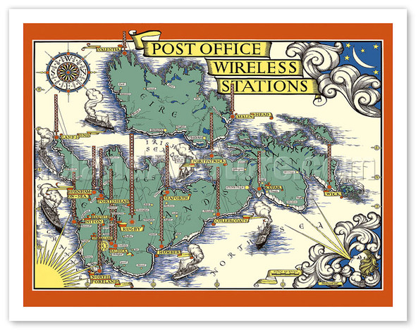 Post Office Wireless Stations - Great Britain - England - British Isles Map - c. 1938 - Poster by MacDonald (Max) Gill