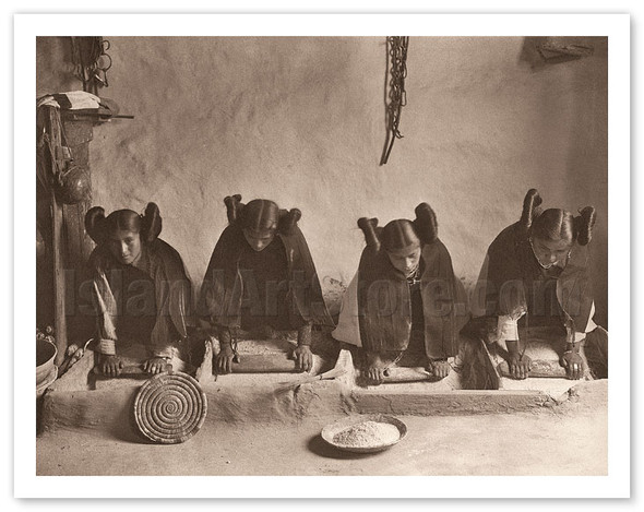 The Mealing Trough - Young Hopi Indian Women Grinding Grain - c. 1906 - Poster by Edward S. Curtis