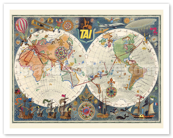World Air Routes - TAI Airline - Transport Aeriens Intercontinentaux - c. 1960 - Poster by Luc Marie Bayle