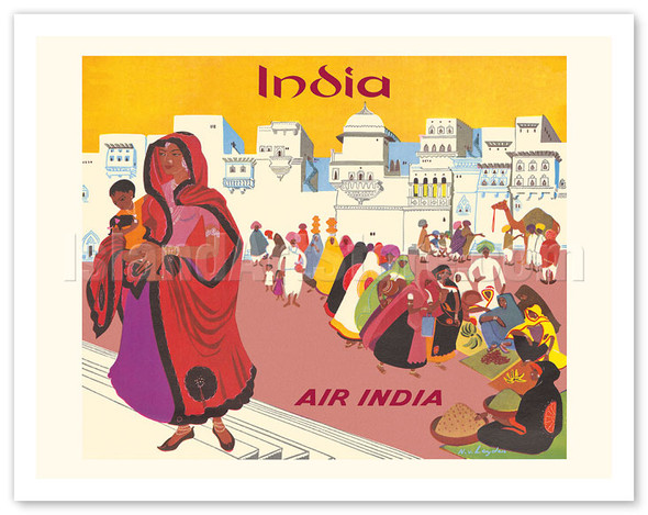 India - Street Market - Air India Menu Cover - c. 1950's - Poster by N.V. Leyoleu
