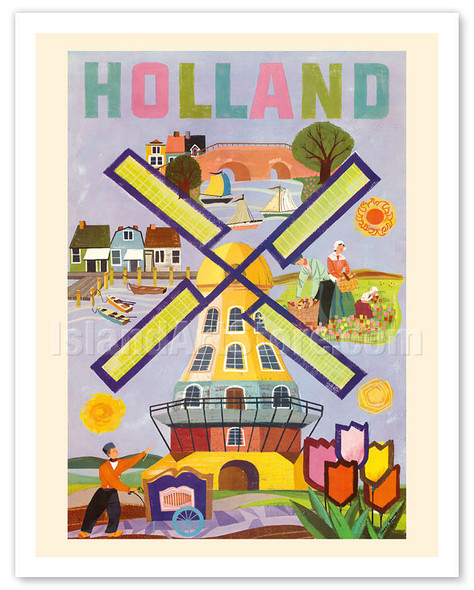 Holland, Netherlands - Dutch Windmill - c. 1959 - Poster by Berry Weekes