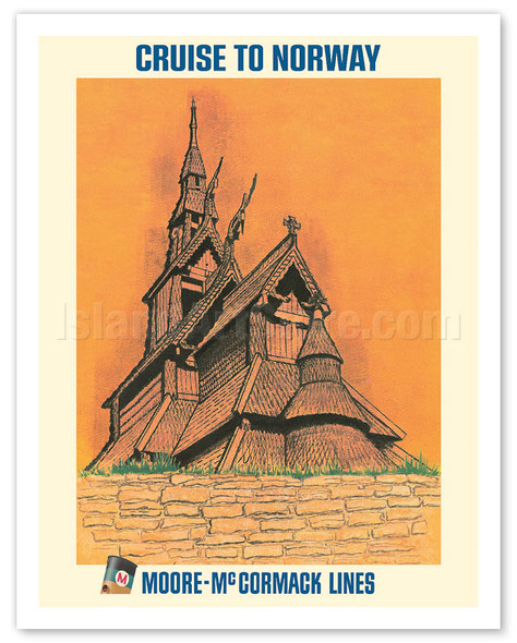Cruise to Norway - Norwegian Stave Church (Stavkirke) - Moore-McCormack Lines - c. 1960's - Poster by Mary Moran