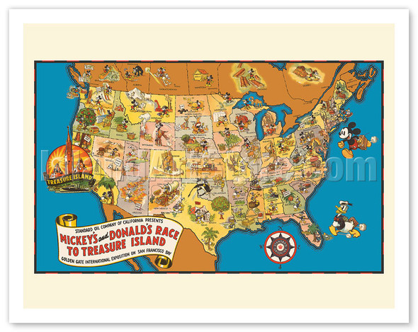 Walt Disney’s Mickey and Donald’s Race to Treasure Island - U.S. Map - c. 1939 - Vintage Pictorial Map