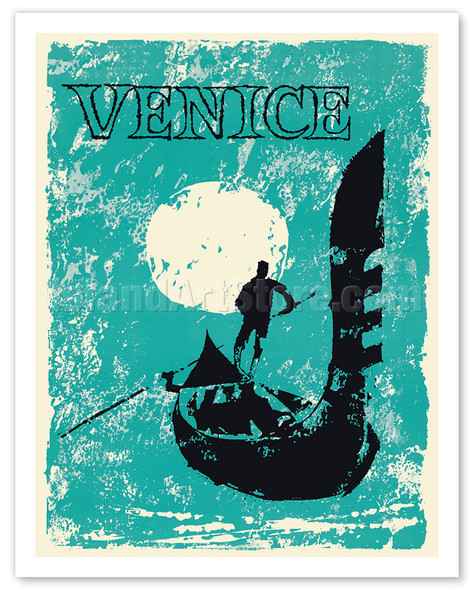 Venice, Italy - Venetian Gondola - Vintage Travel Poster