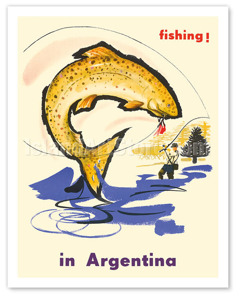 Fishing in Argentina - Fly Fisherman c.1950's - Vintage Travel Poster