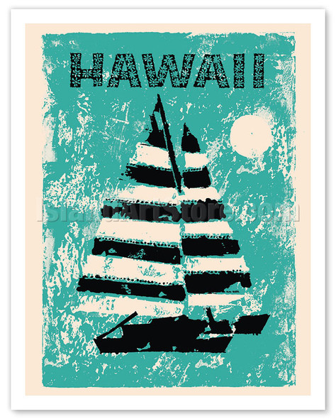 Hawaii - Sailboat Sunset - Vintage Travel Poster