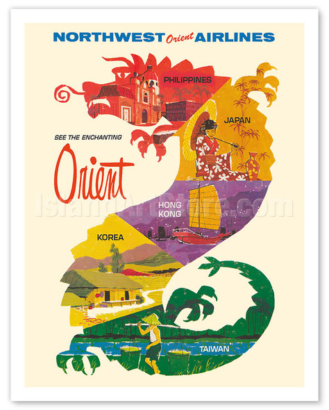 See the Enchanting Orient - Northwest Orient Airlines - Philippines, Japan, Hong Kong, Korea, Taiwan - c. 1965 - Vintage Airline Travel Poster