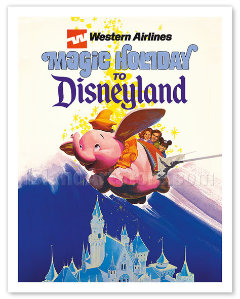 Disneyland Magic Holiday - Western Airlines - Dumbo the Flying Elephant - c. 1970's - Vintage Airline Travel Poster