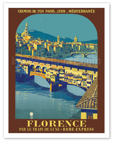 Florence, Italy - Ponte Vecchio - Chemins de fer de Paris-Lyon-Méditerranée (PLM) - c. 1921 - Poster by Roger Broders