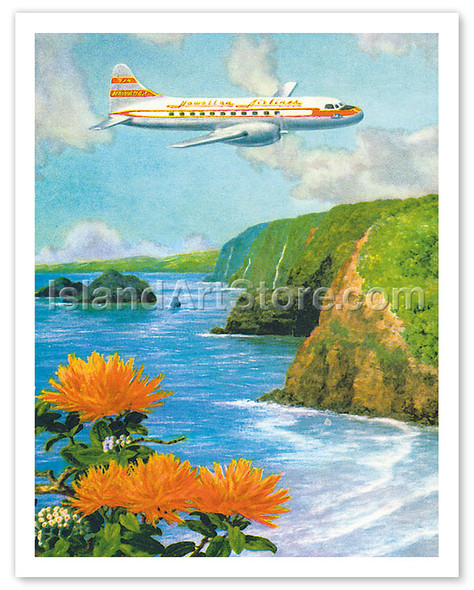 Hawaiian Airlines, Convair 340 Flying over Cliffs of Pololu Valley, Hawaii - Poster by Lloyd Sexton