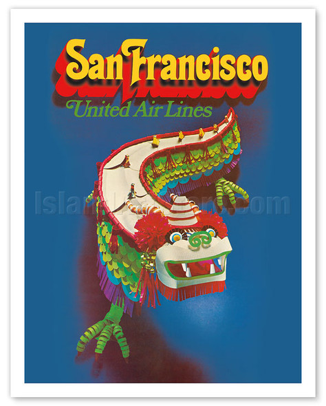 San Francisco California - United Air Lines - Chinese Dragon Dance - c. 1971 - Vintage Airline Travel Poster