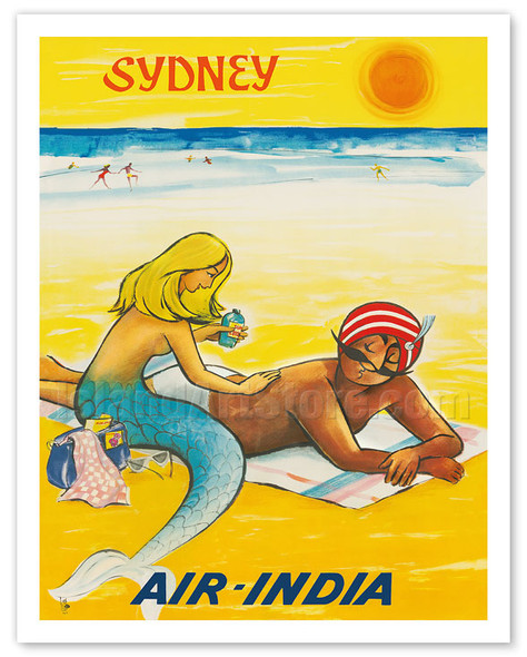 Sydney, Australia - Air India - Sun Tanning Mermaid with The Maharaja - c. 1964 - Vintage Airline Travel Poster