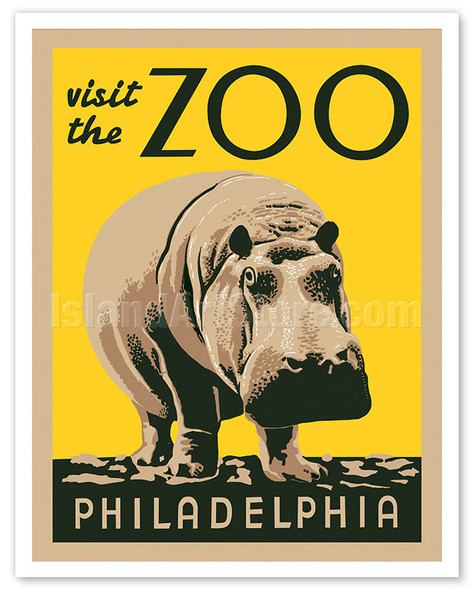 Visit the Philadelphia Zoo - Hippopotamus - WPA Federal Art Project - Vintage Travel Poster