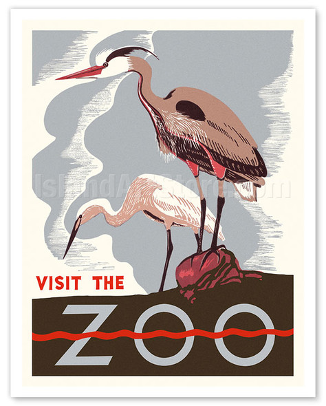 Visit the Zoo - Two Herons - WPA Federal Art Project - Vintage Travel Poster