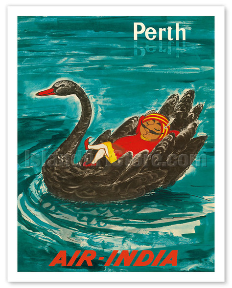Perth, Australia - Air India Mascot Maharaja - Black Swan - c. 1960's - Poster by J.B. Cowasji
