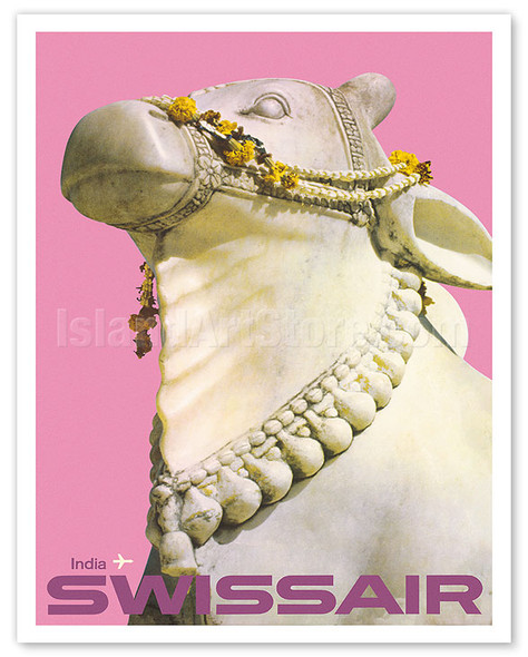 India - Indian Nandi Sacred Cow Statue - Swissair - c. 1964 - Poster by Manfred Bingler