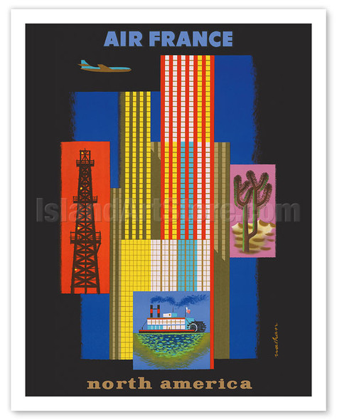 North America - American Collage Steamboat, Oil Rig, Skyscrapers, Cactus - c. 1958 - Poster by Jacques Nathan-Garamond