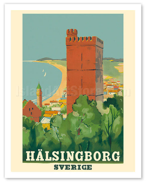 Helsingborg Sweden (Hälsingborg Sverige) - Kärnan Castle Tower - c. 1930's - Vintage Travel Poster
