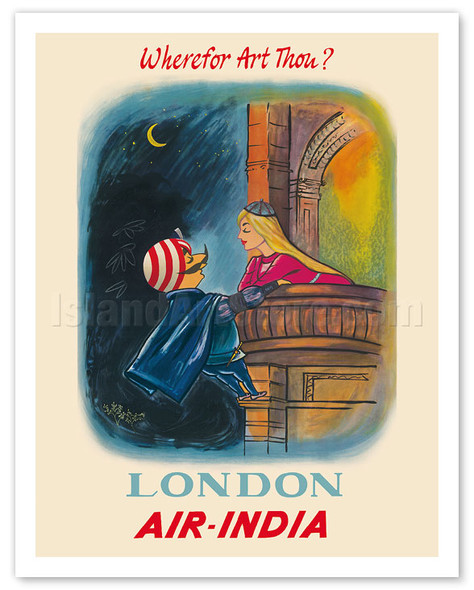London, England - Wherefor Art Thou? - Maharajah Mascot Romeo and Juliet - Air India - c. 1950's - Vintage Airline Travel Poster