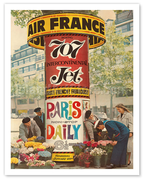 Paris Non-Stop Daily - Boeing 707 Intercontinental Jet - c. 1959 - Vintage Airline Travel Poster