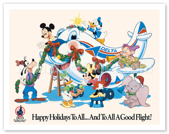 Mickey Mouse and Disney Characters - Happy Holidays to All - Delta Air Lines (Official Airline of Disney World) - c. 1960's - Vintage Airline Travel Poster