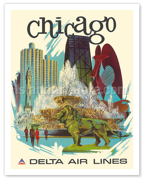 Chicago, Illinois - Buckingham Fountain, Marina City - Delta Air Lines - c. 1970's - Poster by Fred Sweney