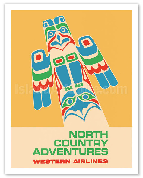North Country Adventures - Pacific Northwest Totem Pole - Western Airlines - c. 1960's - Vintage Airline Travel Poster